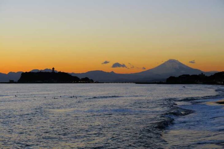 七里ヶ浜から見た江ノ島と富士山